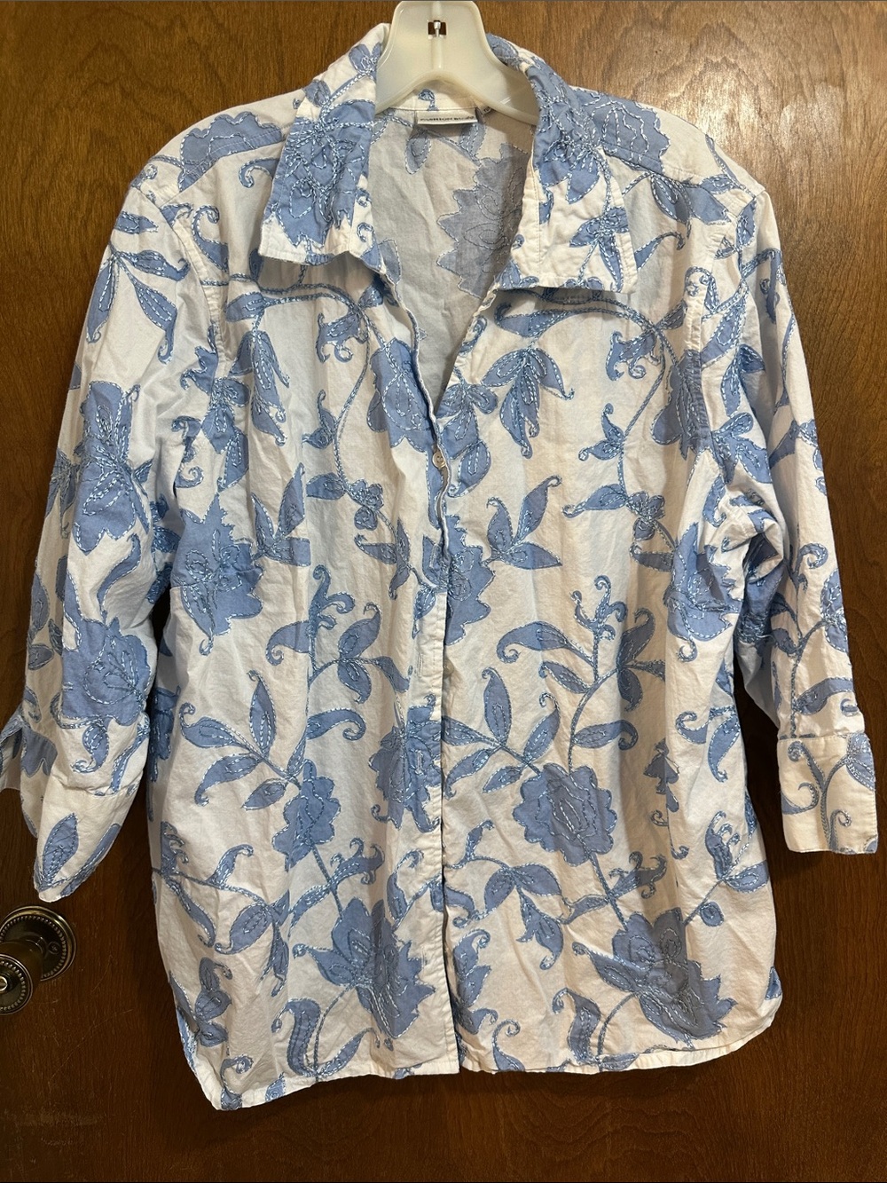 Fashion Bug White “Shacket “with Light Blue Floral Embroidery